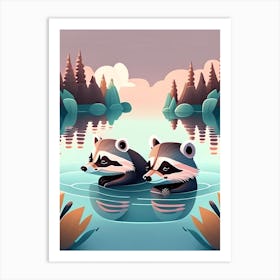 Two Raccoons Swimming In A Lake Art Print