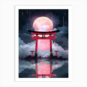 Aesthetic Japanese Shinto Shrine Torii Gate Full Moon Art Print