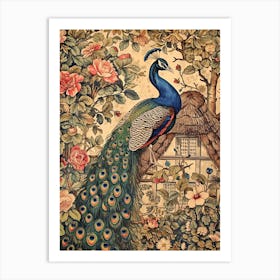 Vintage Peacock Wallpaper Outside A Thatched Cottage 2 Art Print