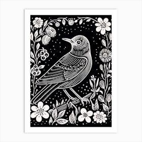 B&W Bird Linocut Cuckoo 2 Art Print