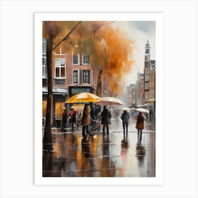 Amsterdam cafes, autumn season, rain, autumn oil colours.Faded colours,People passing on the street, winter clothes, rain umbrellas.6 1 Art Print