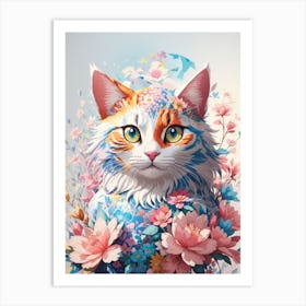 Cat With Flowers Print  Art Print