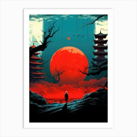 Asian Landscape with a Red Full Moon and Pagoda Art Print