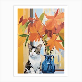 Orchid Flower Vase And A Cat, A Painting In The Style Of Matisse 1 Art Print