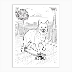 Shiba Inu Dog Skateboarding Line Art 4 Art Print