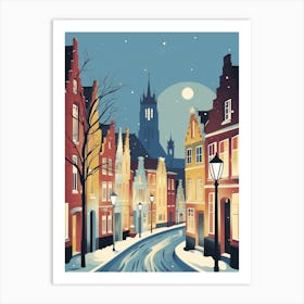 Winter Travel Night Illustration Bruges Belgium 2 Art Print