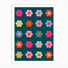 Colorful Flowers Navy Blue Floral Art Print