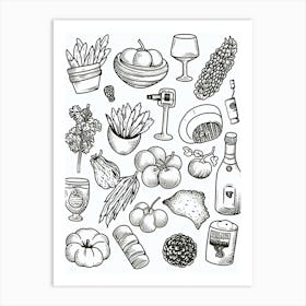 Veggies Black And White Line Art Art Print