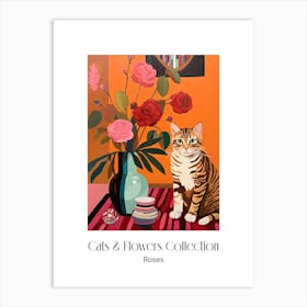 Cats & Flowers Collection Rose Flower Vase And A Cat, A Painting In The Style Of Matisse 2 Art Print