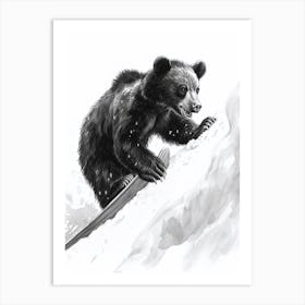 Malayan Sun Bear Cub Sledding Down A Snowy Hill Ink Illustration 1 Art Print