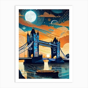 Tower Bridge London ~ England Travel Adventure Visionary Wall Decor Futuristic Sci-Fi Trippy Surrealism Modern Digital Psychedelic Cubic Fantasy Art Full Moons Stars Mandala Spiritual Fractals Space UK Vibrant Art Print