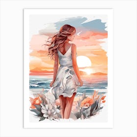 Girl At The Beach At Sunset Art Print Art Print