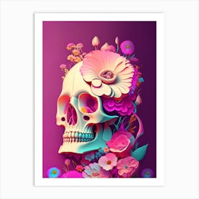 Skull With Psychedelic 3 Patterns Pink Vintage Floral Art Print