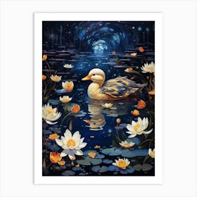 Floral Ornamental Ducklings At Night 4 Art Print