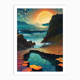 The Giants Causeway Ireland ~ Trippy Cityscape Iconic Wall Decor Visionary Psychedelic Fractals Fantasy Art Cool Full Moon Third Eye Space Sci-fi Awesome Futuristic Ancient Paintings For Your Home Gift For Him Game Thrones Art Print