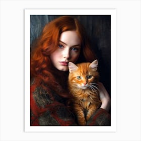 Red Haired Girl With Cat Art Print
