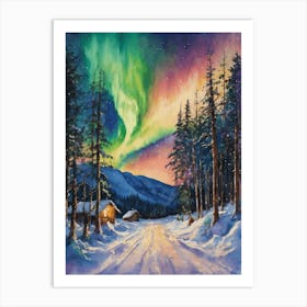 The Northern Lights - Aurora Borealis Rainbow Winter Snow Scene of Lapland Iceland Finland Norway Sweden Forest Lake Watercolor Beautiful Celestial Artwork for Home Gallery Wall Magical Etheral Dreamy Traditional Christmas Greeting Card Painting of Heavenly Fairylights 11 Art Print