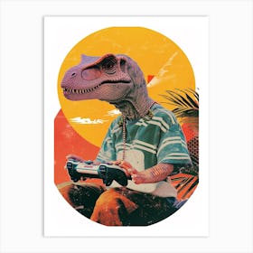 Retro Collage Dinosaur Playing Video Games 1 Art Print