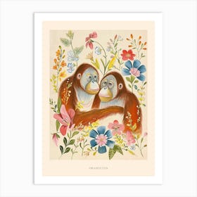 Folksy Floral Animal Drawing Orangutan Poster Art Print