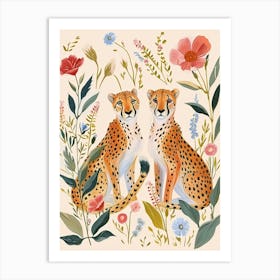 Folksy Floral Animal Drawing Cheetah 2 Art Print