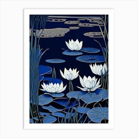 Water Lilies Waterscape Linocut 1 Art Print