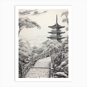Chureito Pagoda In Yamanashi, Ukiyo E Black And White Line Art Drawing 1 Art Print