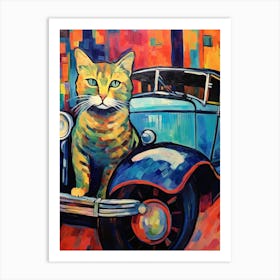 Vintage Car With A Cat, Matisse Style Painting 0 Art Print