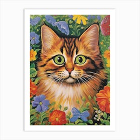 Louis Wain, Psychedelic Cat Collage Style With Flowers 1 Art Print