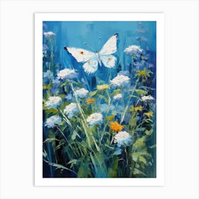 White Butterfly On Blue Flowers Art Print