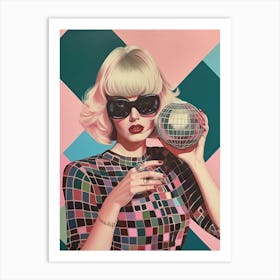 Cool Girl With Glasses Holding A Disco Ball Art Print