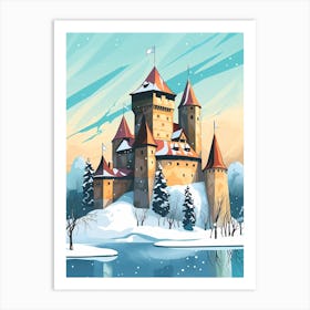 Vintage Winter Travel Illustration Trakai Castle Lithuania Art Print