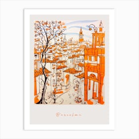 Barcelona Spain Orange Drawing Poster Art Print