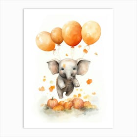 Elephant Flying With Autumn Fall Pumpkins And Balloons Watercolour Nursery 4 Art Print