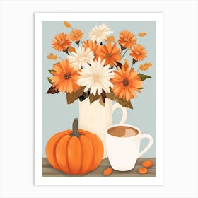 Pitcher With Sunflowers, Atumn Fall Daisies And Pumpkin Latte Cute Illustration 9 Art Print