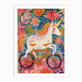 Floral Fauvism Style Unicorn Riding A Bike 2 Art Print