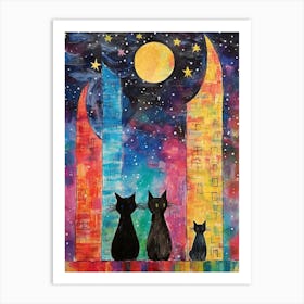 Three Black Cats Watching Over A Starry Night Art Print