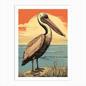Vintage Bird Linocut Brown Pelican 4 Art Print
