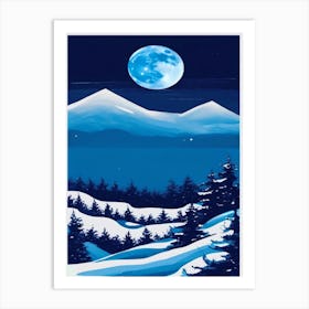 Full Moon Over Snowy Mountains Vintage  Art Print