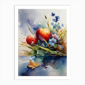 Watercolor Of Apples And Flowers Art Print