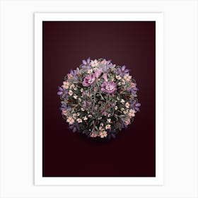 Vintage Large Purple Chilian Evening Primrose Floral Wreath on Wine Red Art Print