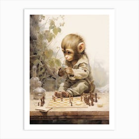 Monkey Painting Playing Chess Watercolour 1 Art Print