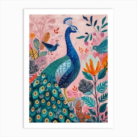 Folky Floral Peacock With Other Birds Art Print