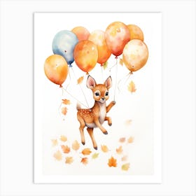 Deer Flying With Autumn Fall Pumpkins And Balloons Watercolour Nursery 2 Art Print