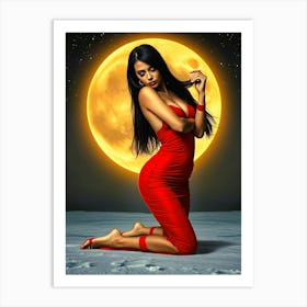 Full Moon Beauty in Red Dress Art Print