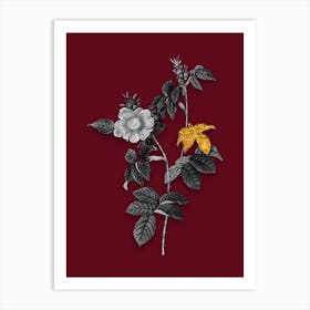 Vintage Dog Rose Black and White Gold Leaf Floral Art on Burgundy Red n.0268 Art Print