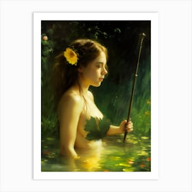 Print Spirit Of The Pond Dryad Nymph Nature Goddess Woman Young In A Forest Pond Green Yellow Art Print