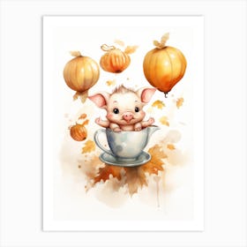 Tea Cup Pig Flying With Autumn Fall Pumpkins And Balloons Watercolour Nursery 2 Art Print