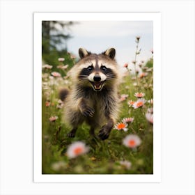 Cute Funny Crab Eating Raccoon Running On A Field 1 Art Print