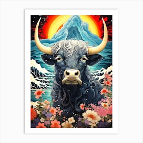 Highland Cow Japan Mountain Art Print