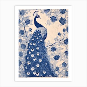 Navy Linocut Inspired Peacock With The Roses 4 Art Print